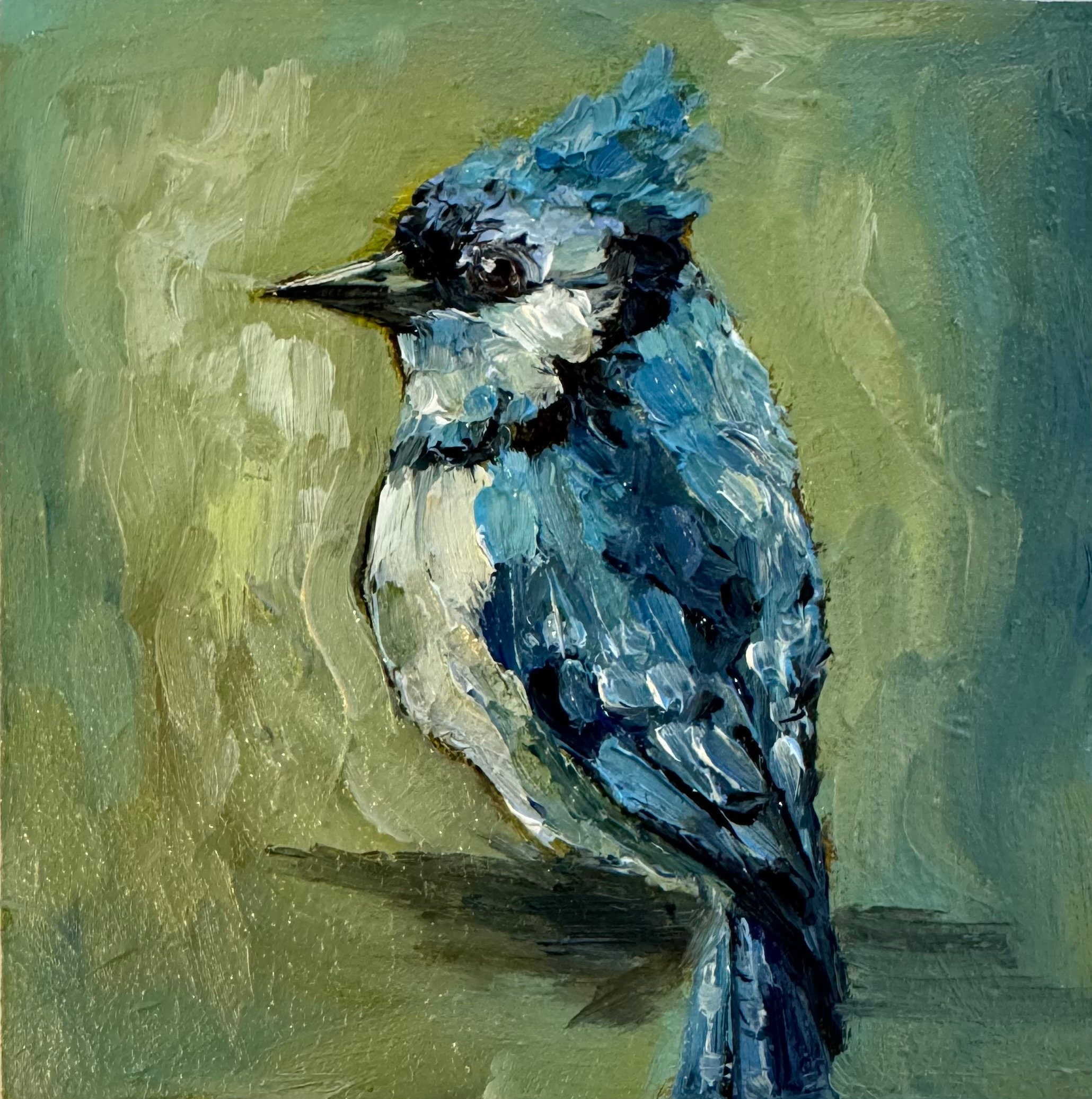 Blue Jay Oil Painting: Impasto Bird Art, Palette Knife Artwork
