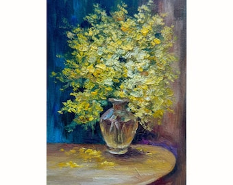 Mimosa Impasto Painting: Floral Still Life, Yellow Flowers Artwork (7x5 inches)
