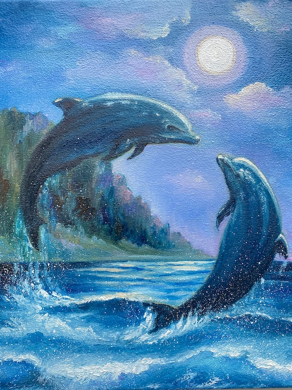 イルカの絵画：オリジナル油絵、満月の海景（10x10） - Etsy 日本