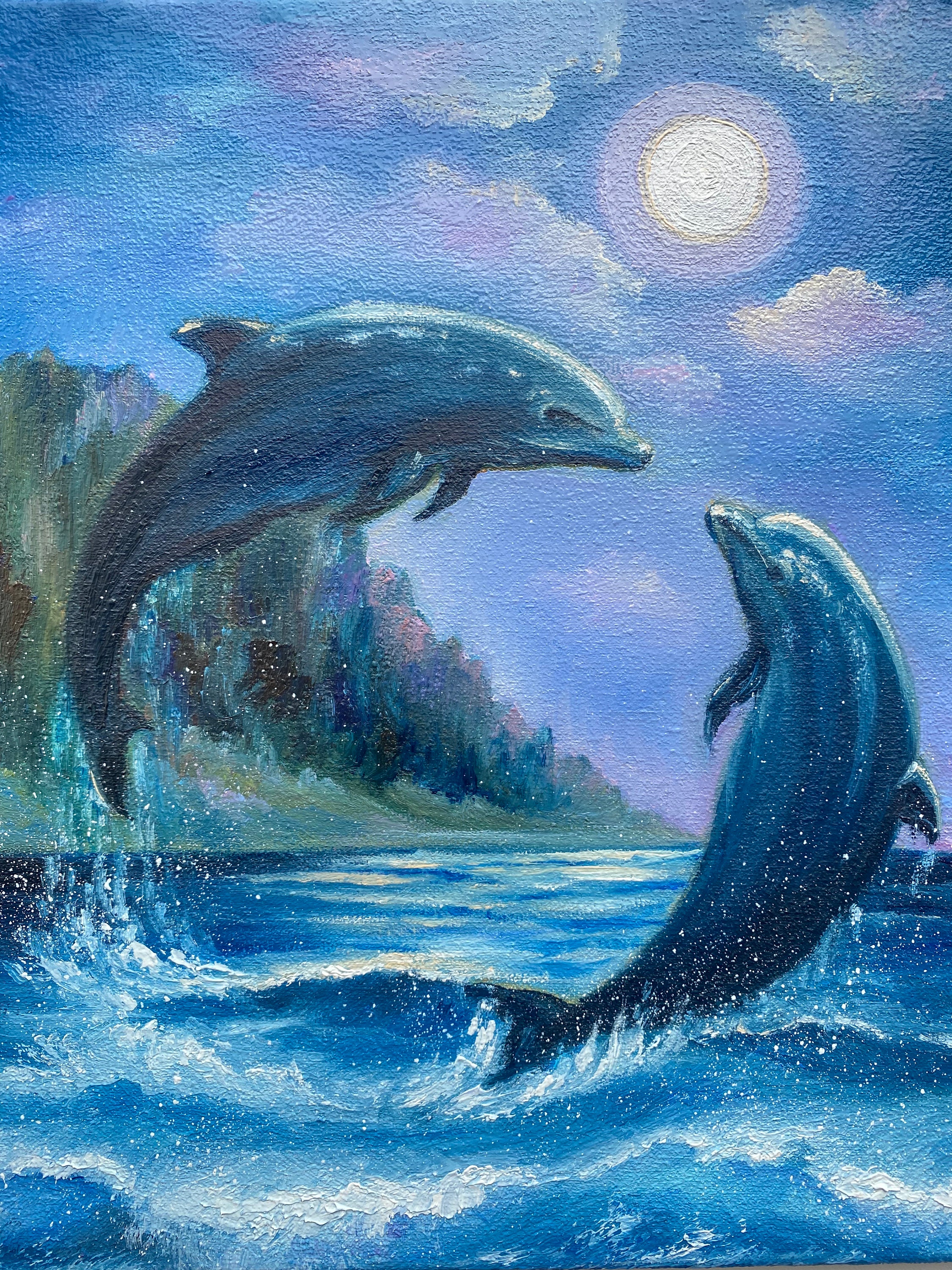 イルカの絵画：オリジナル油絵、満月の海景（10x10） - Etsy 日本