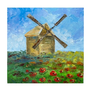 Windmill Painting Old Mill Original Art Holland Landscape Impasto Painting Windmill Wall Art Antique Windmill Small Artwork 8x8  by Alla
