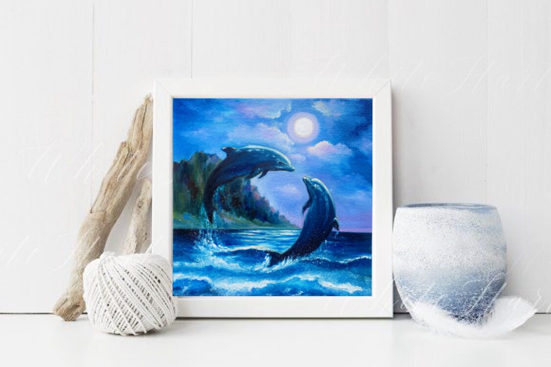 イルカの絵画：オリジナル油絵、満月の海景（10x10） - Etsy 日本