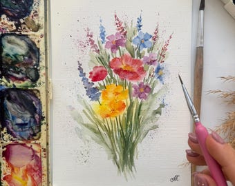 Original Wildflower Watercolor Painting: Meadow Floral Art (8x6