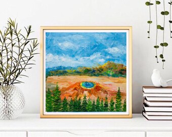 イエローストーン間欠泉の絵画：モンタナの風景を描いたインパスト油彩