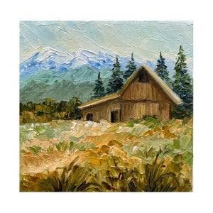 Pintura de celeiro antigo Grand Teton Arte original Arte de parede do Parque Nacional Pintura impasto de celeiro antigo Paisagem Grand Teton pequena obra de arte 4x4 polegadas