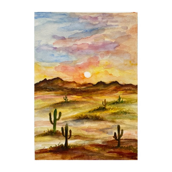 オリジナル水彩画：アリゾナ砂漠の風景画（8x6） - Etsy 日本