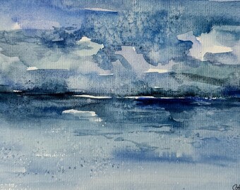 Original Watercolor Seascape Painting: Abstract Coastal Wall Art, 6x8 inches