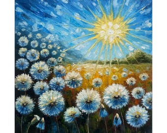 Dandelion Oil Painting: Sunny Meadow Landscape Impasto Art (10x10 inches)