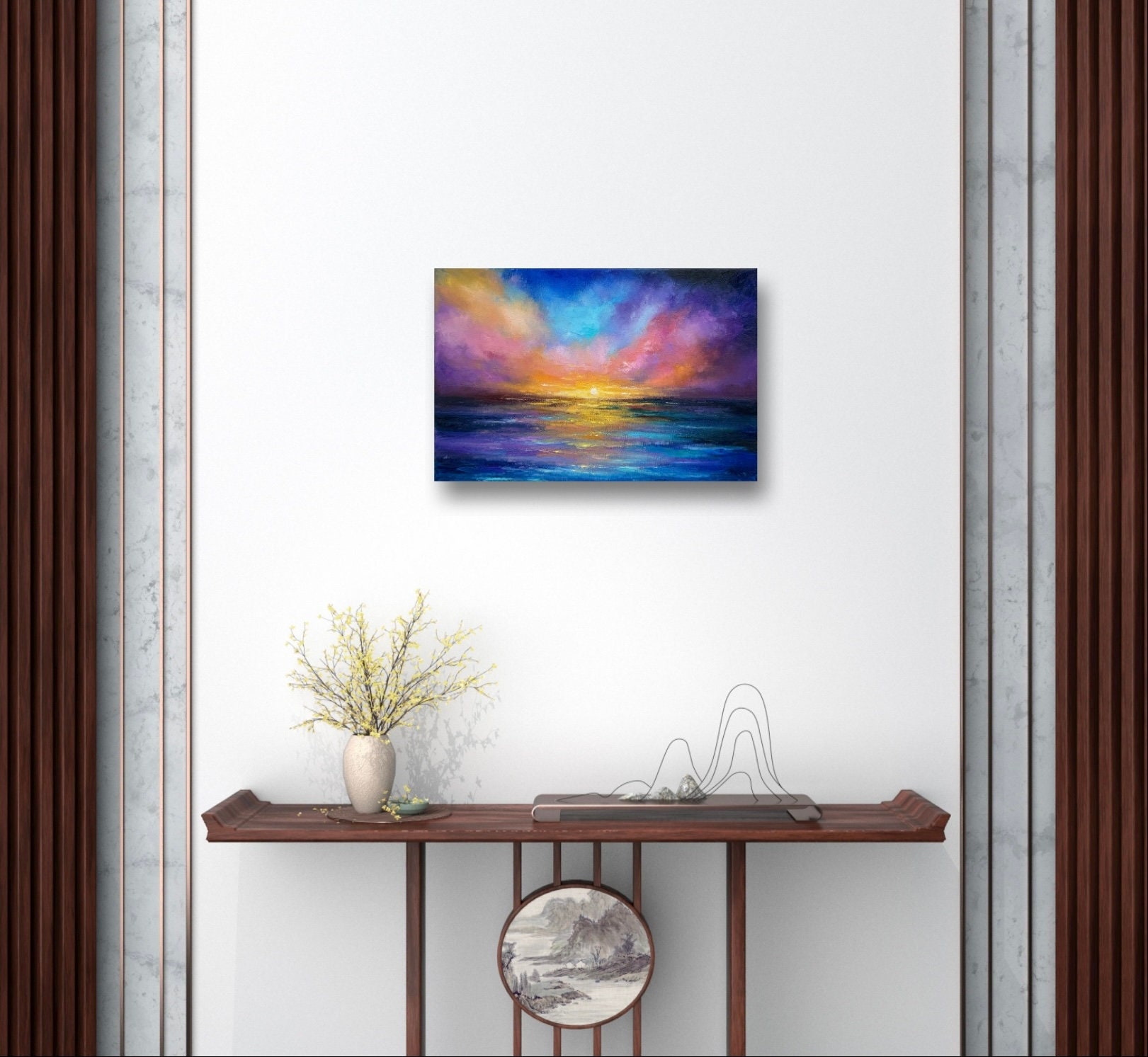 キャンバスに描かれた夕焼けの海景油絵（8x12インチ） - Etsy 日本