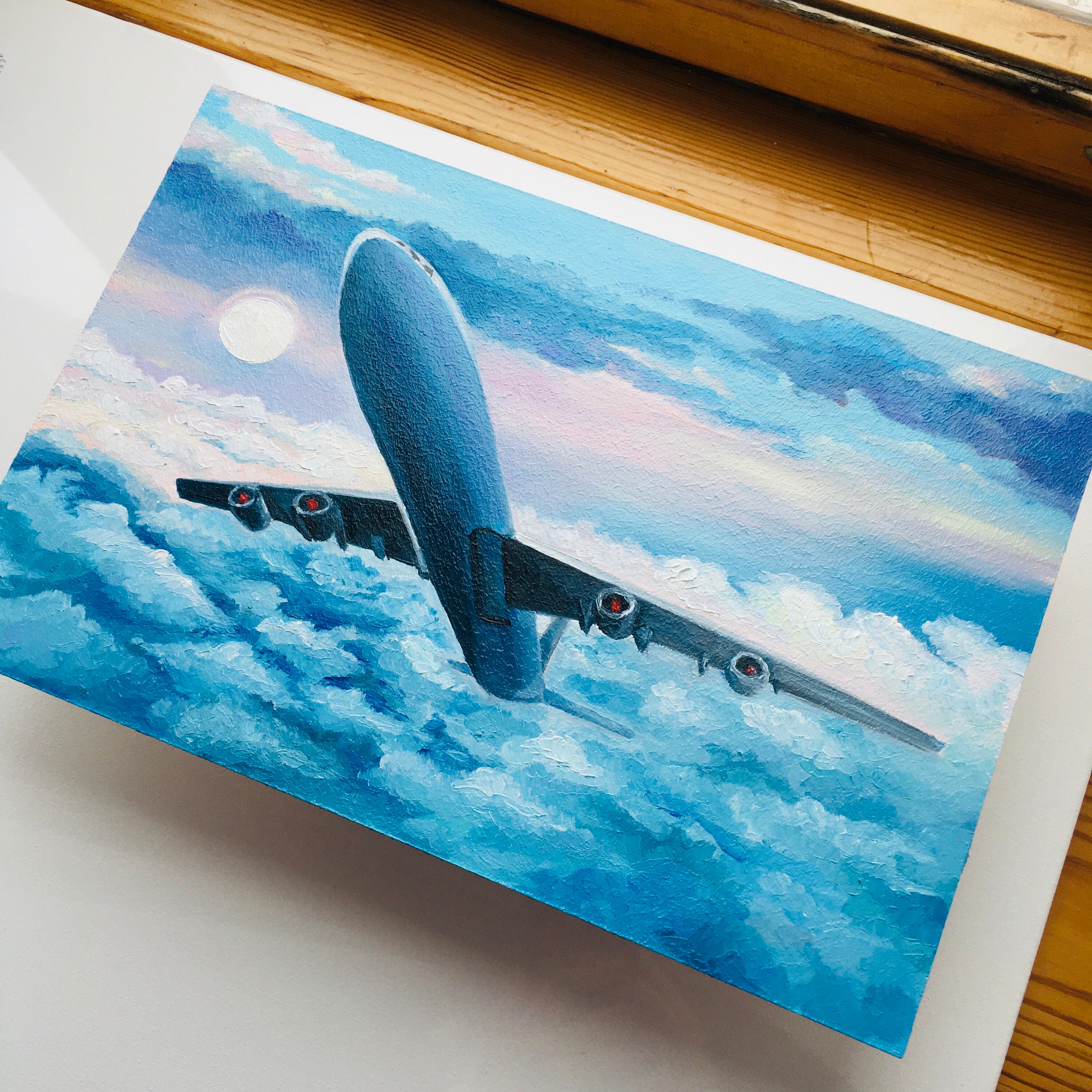 飛行機の油絵：空と雲のオリジナルアート（8x12インチ） - Etsy 日本