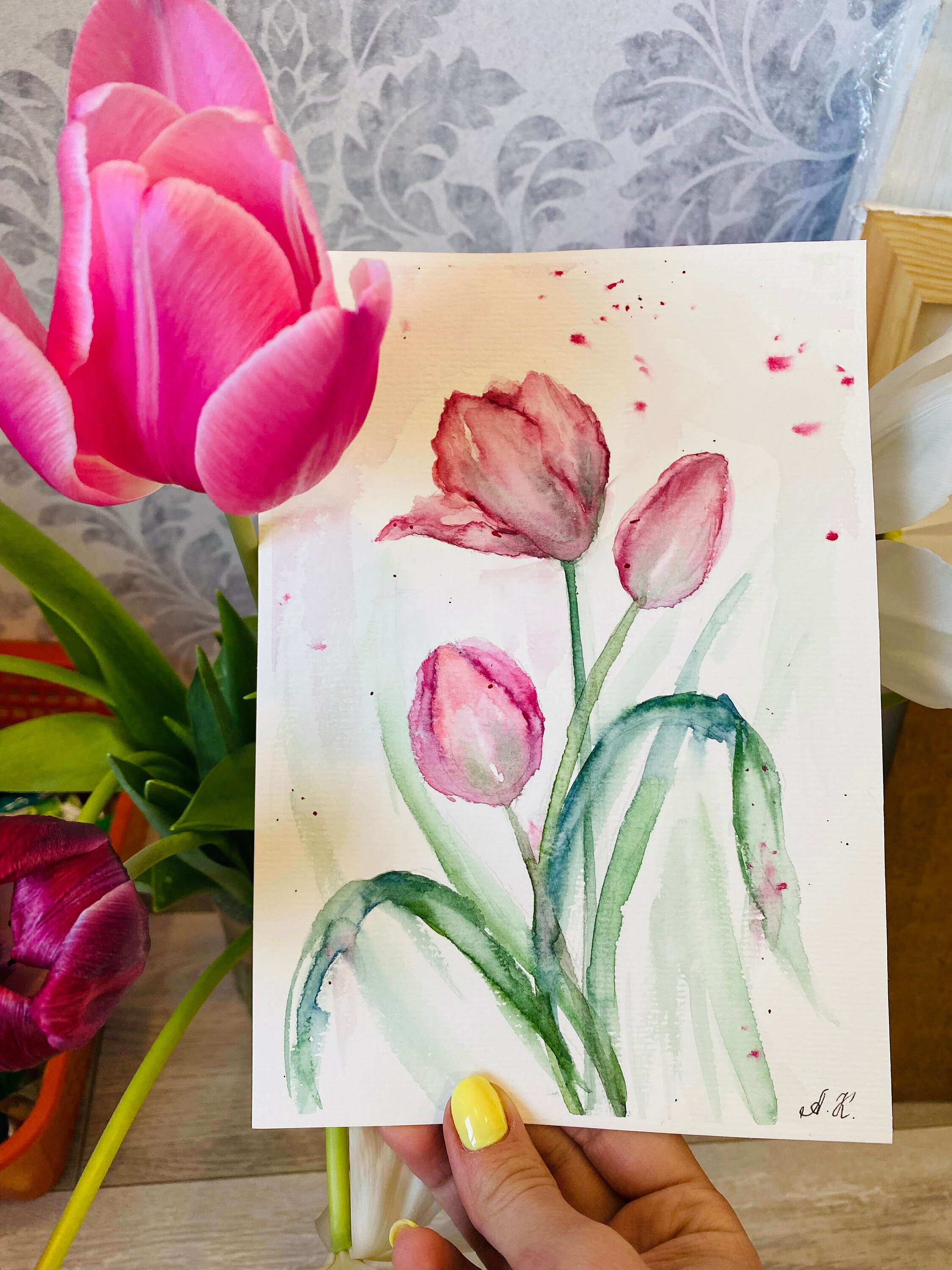 オリジナルチューリップ水彩画：小さな花のアートワーク（8x6） - Etsy