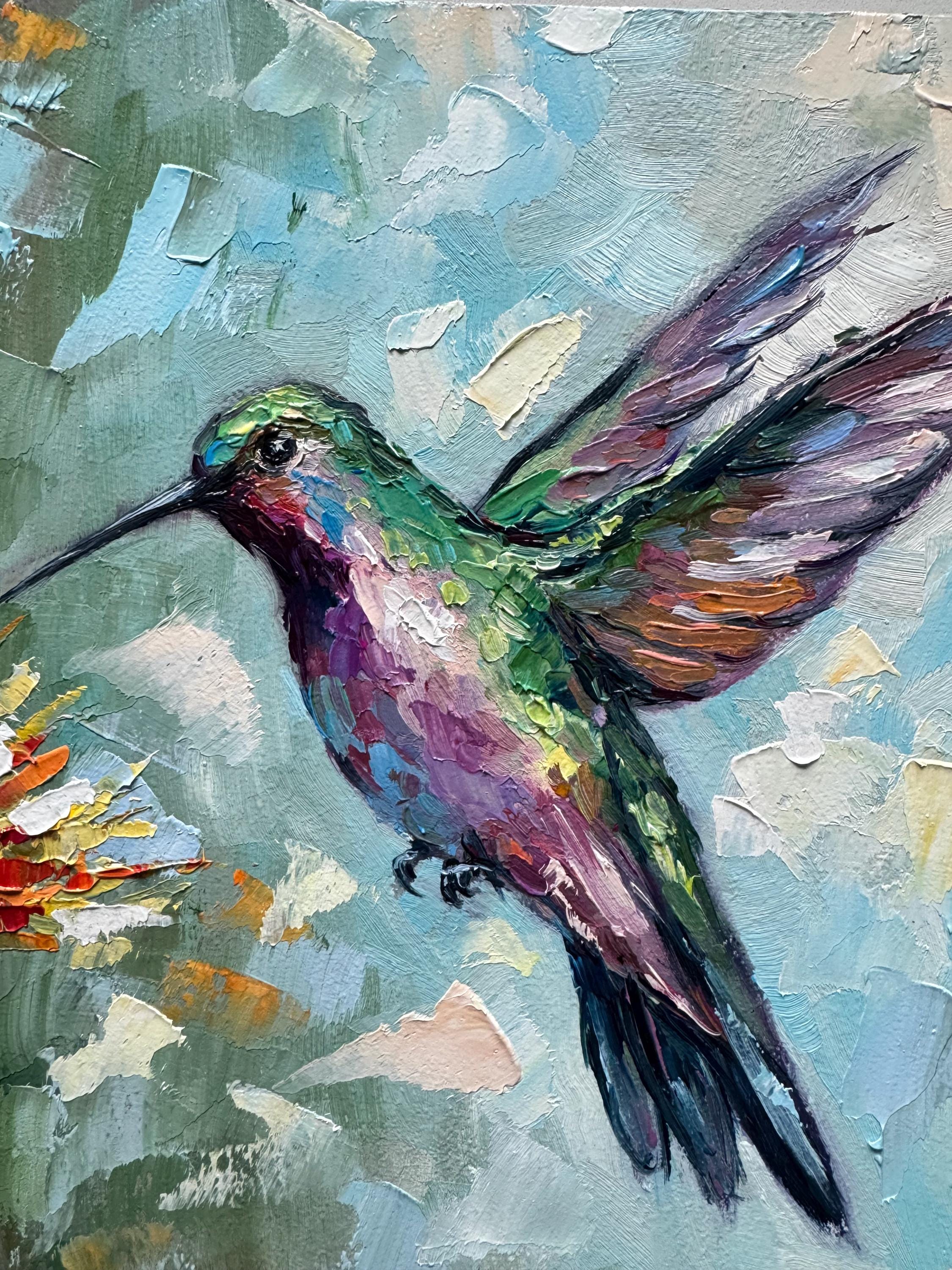 油絵　専用　バッグをたくさん持つ鳥 ハチドリの油絵：オリジナル厚塗り鳥画、8x8インチ - Etsy 日本