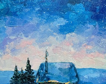 オリジナル冬の風景油絵：星空のコテージアート（12x8インチ） - Etsy 日本