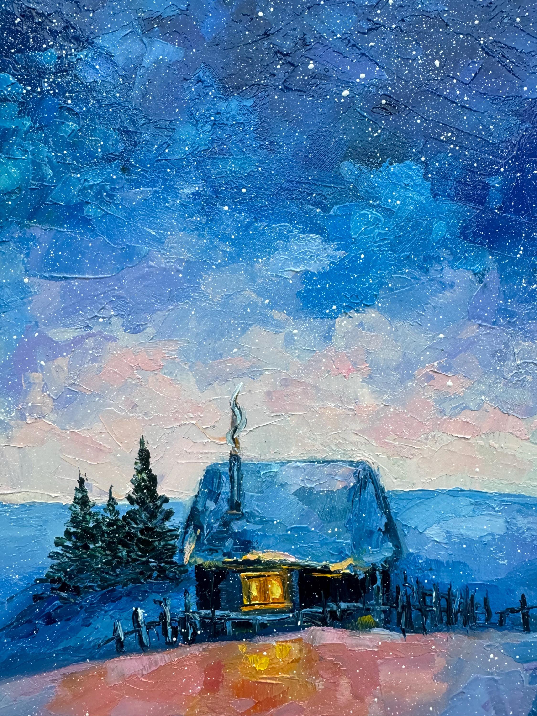 オリジナル冬の風景油絵：星空のコテージアート（12x8インチ） - Etsy 日本