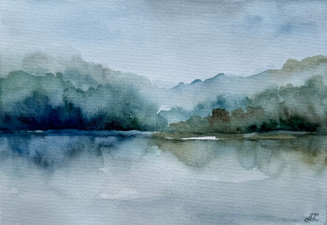 風景水彩画「山の湖の釣り」原画