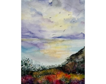 Original Irish Seascape Watercolor Painting: Coastal Wall Art (8x6)