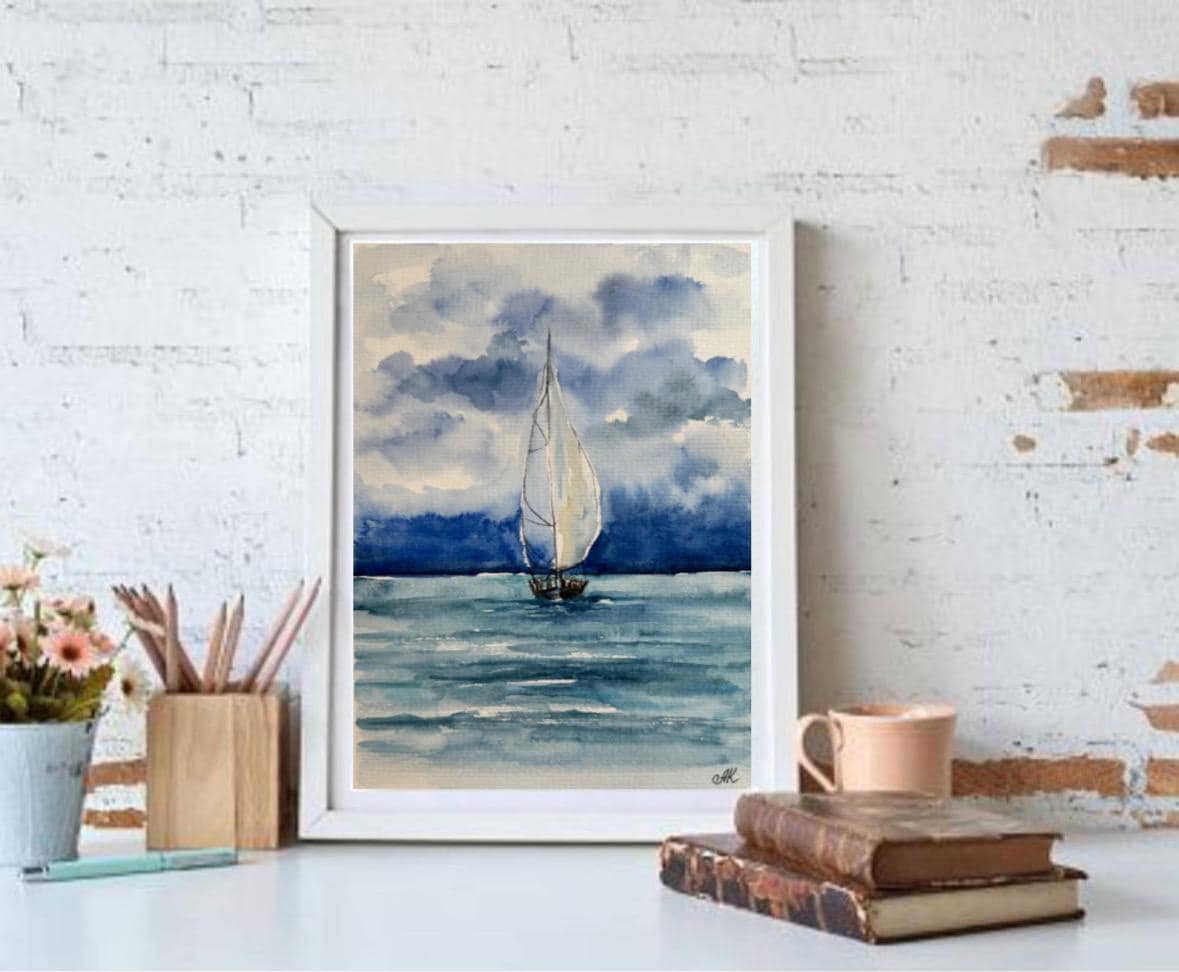 オリジナル水彩画「帆船」：カリフォルニアの海景アート 6x8 - Etsy 日本