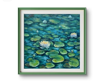 睡蓮の油絵：オリジナルの花の池のアート、10x10 キャンバス - Etsy 日本