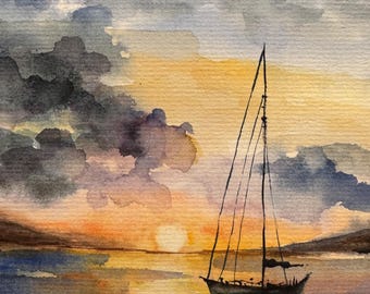 オリジナル水彩画「帆船」：カリフォルニアの海景アート 6x8 - Etsy 日本