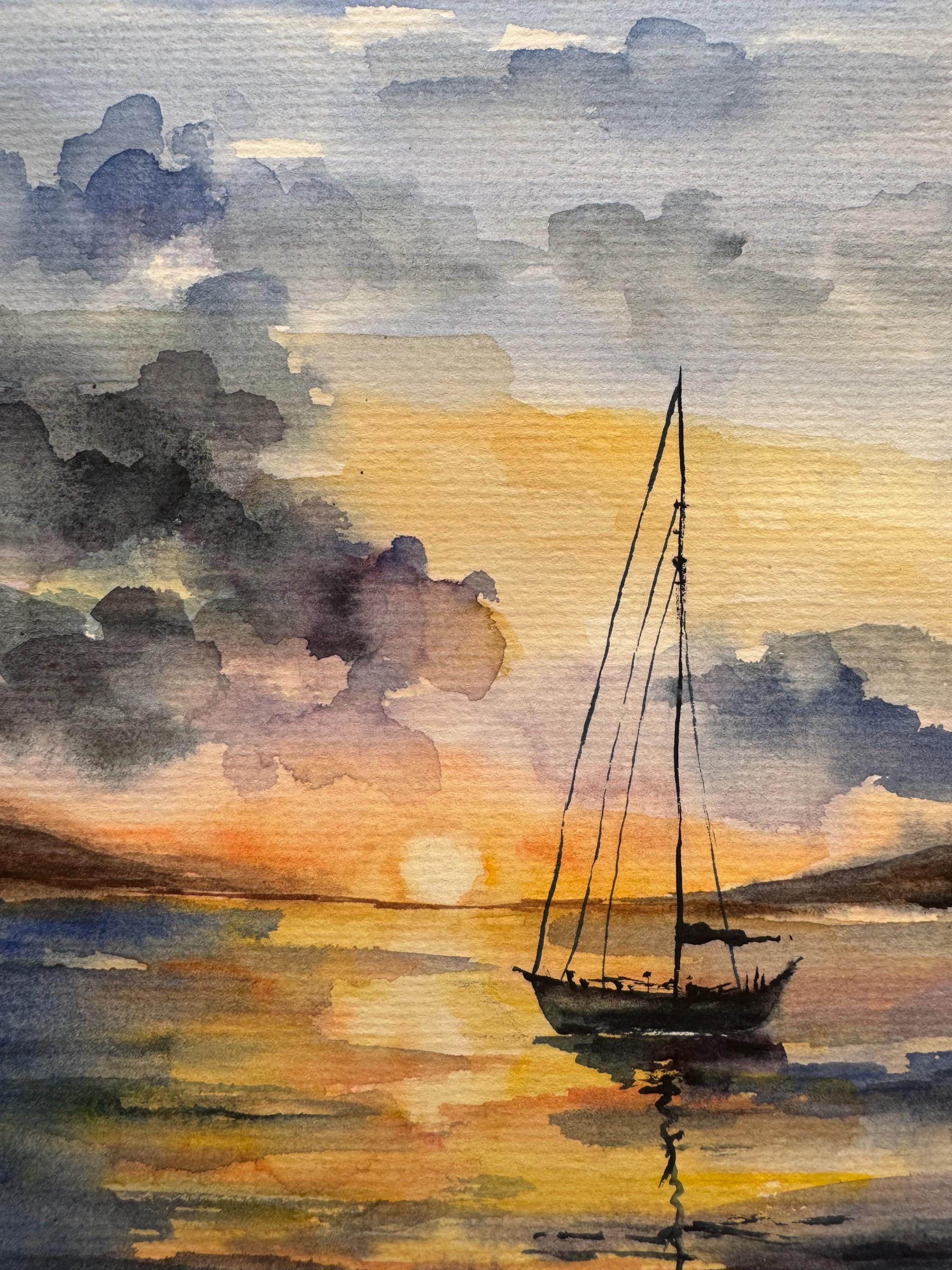 オリジナル水彩画「帆船」：カリフォルニアの海景アート 6x8 - Etsy 日本