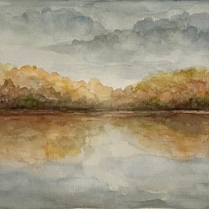 秋の風景画 湖の絵 霧の湖の水彩画：オリジナルの秋の風景画（8 x 6インチ） - Etsy 日本