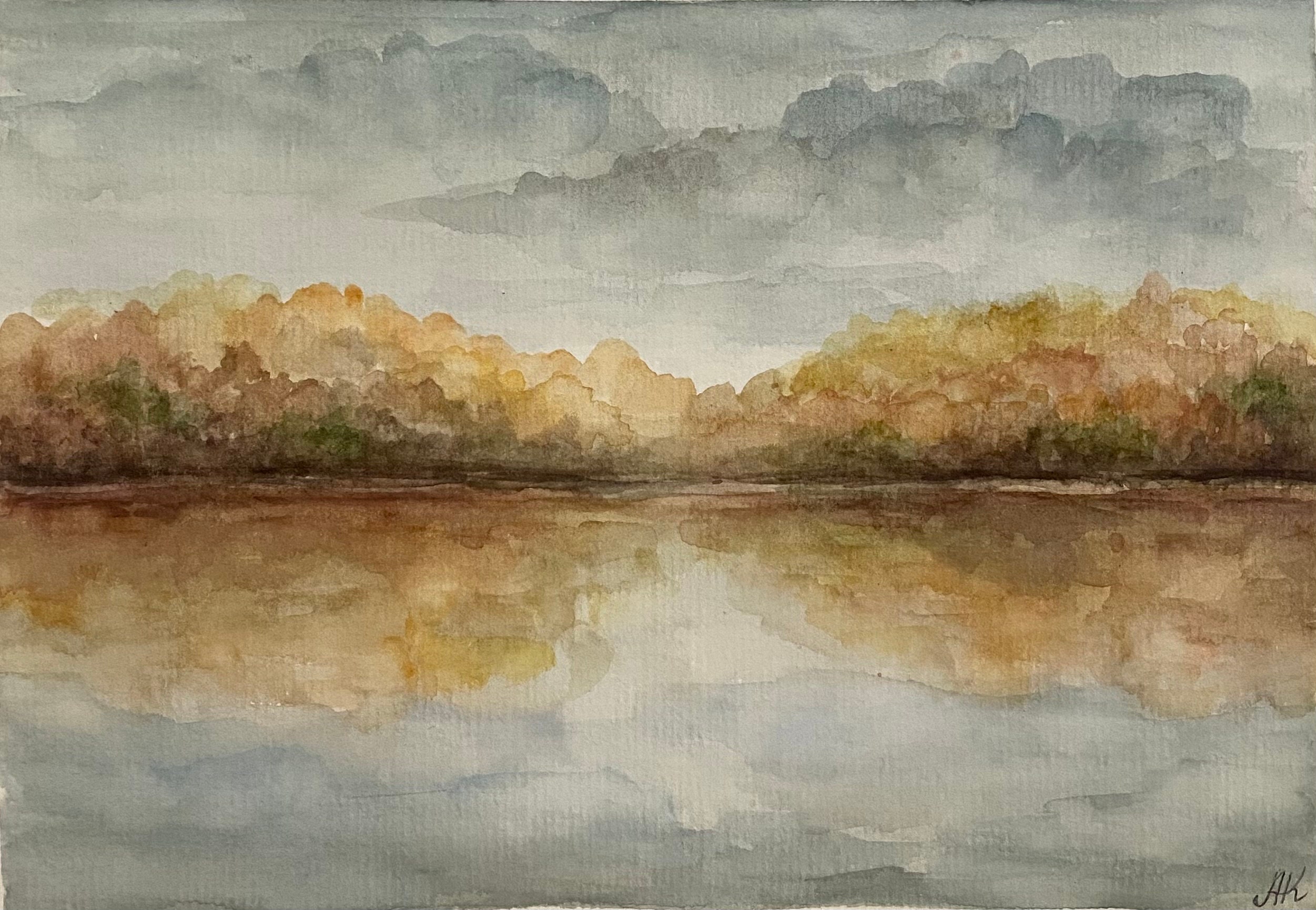 霧の湖の水彩画：オリジナルの秋の風景画（8 x 6インチ） - Etsy 日本