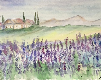 Watercolor Lavender Field Art Print: Tuscany Landscape Poster