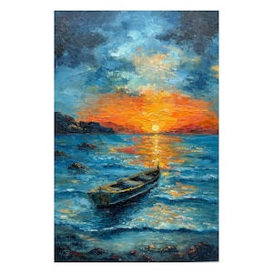 Fishing Boat Painting Sunset Seascape original art Boat Wall Art Fishing Boat oil impasto painting seascape artwork 12x8 inches by Alla