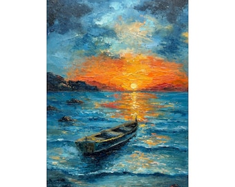 漁船の油絵：インパスト海景画、12x8 - Etsy 日本