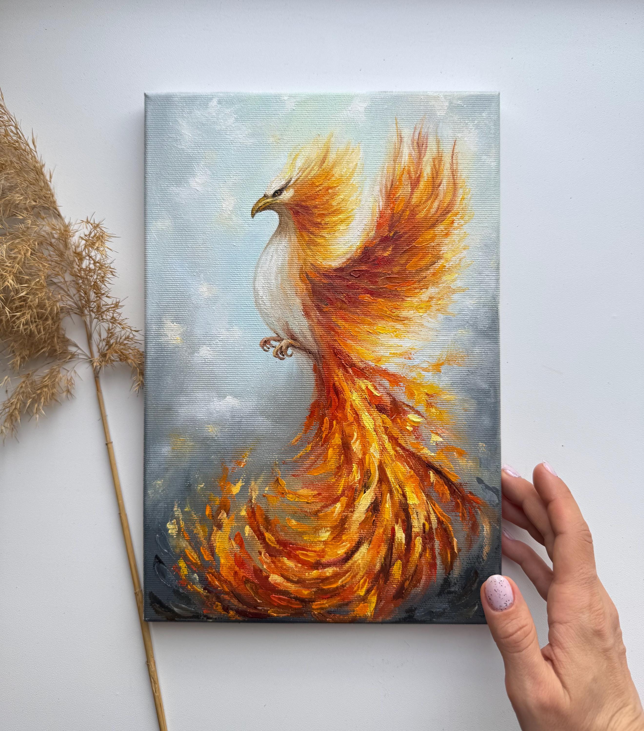 油絵 絵画 【フェニックス】 フェニックスの絵画：キャンバスに油彩を描いたインパスト画 - 燃える