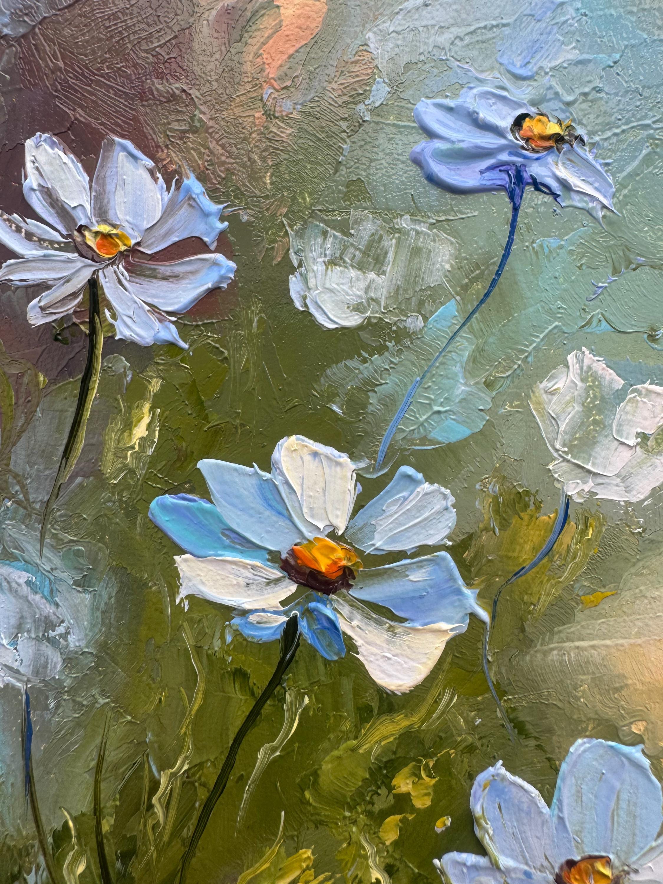 デイジーの油絵：厚塗り技法を用いた花畑の風景画（6×4インチ） - Etsy