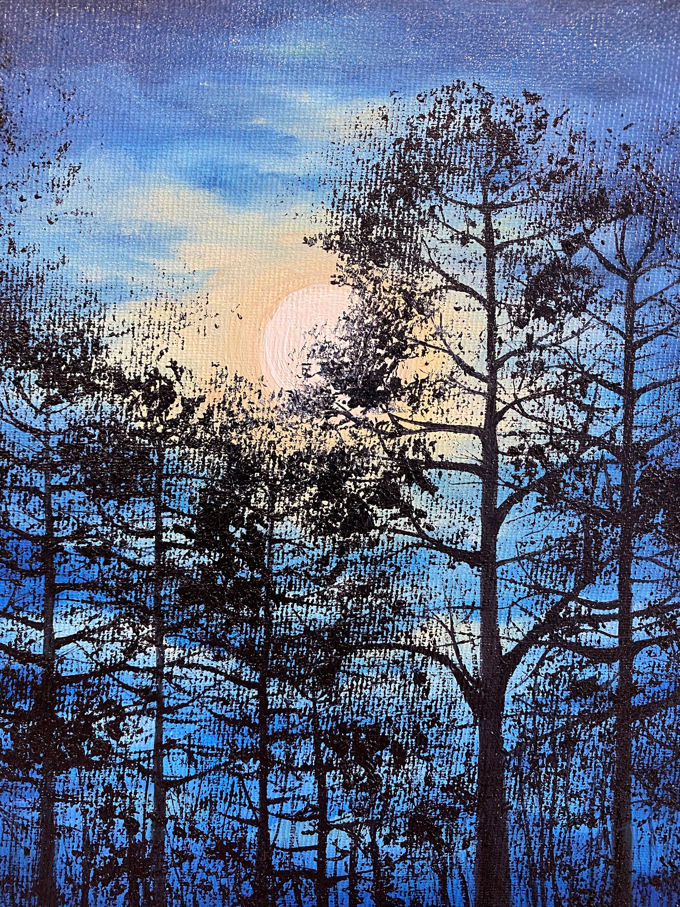 満月の風景画 松の木 オリジナルアート 夜の森 油絵 月光