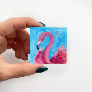 Flamingo pintura arte original rosa pássaro arte de parede mini animall pequeno impasto pintura a óleo em miniatura arte minúscula 2 por 2 por alla