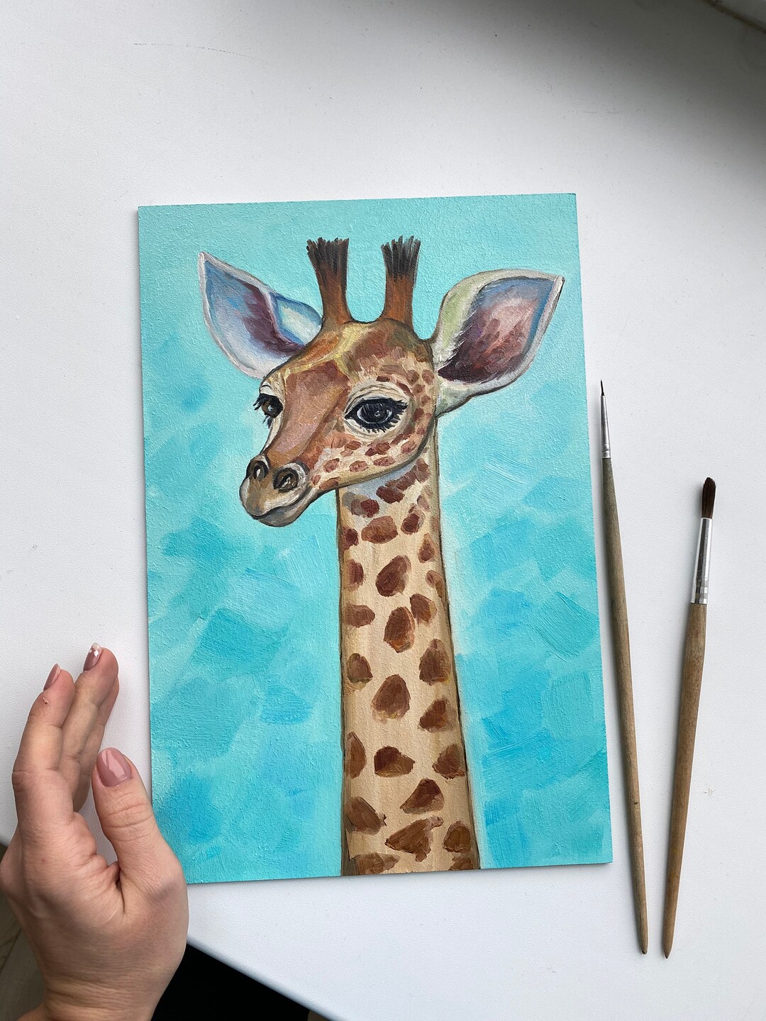 オリジナルキリン油絵：アフリカの動物アート、子供部屋の装飾（8x12