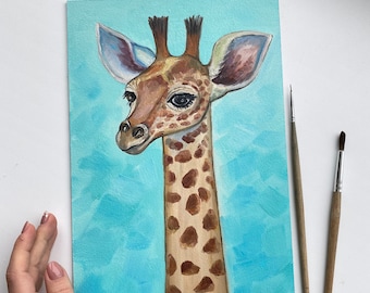 Giraffe Painting Original Art Giraffe Wall Art African Giraffe oil painting Animal Artwork Giraffe painting kids room decor 8x12 by Alla