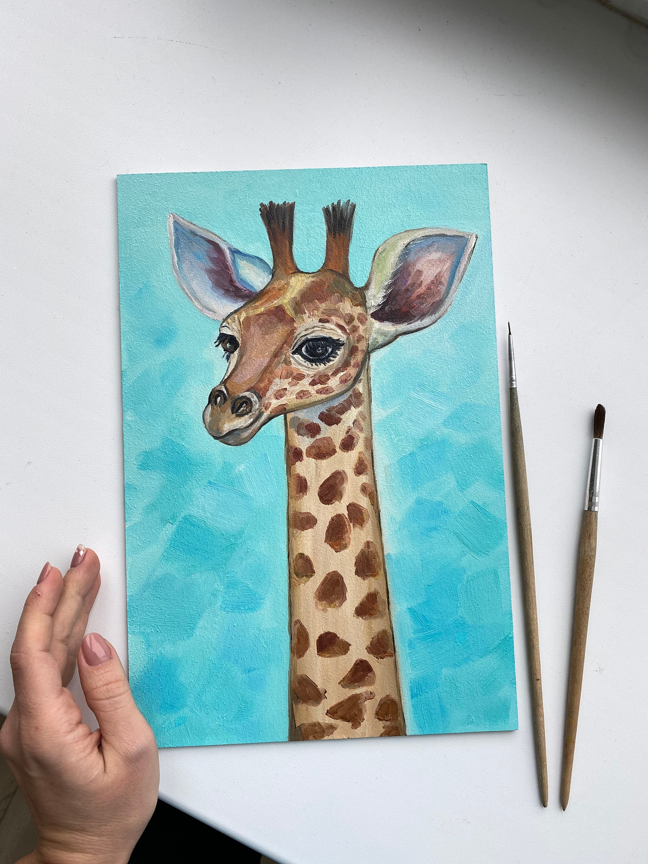 オリジナルキリン油絵：アフリカの動物アート、子供部屋の装飾（8x12