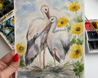 コウノトリの水彩画：オリジナルの鳥のアート、8x6インチ - Etsy 日本