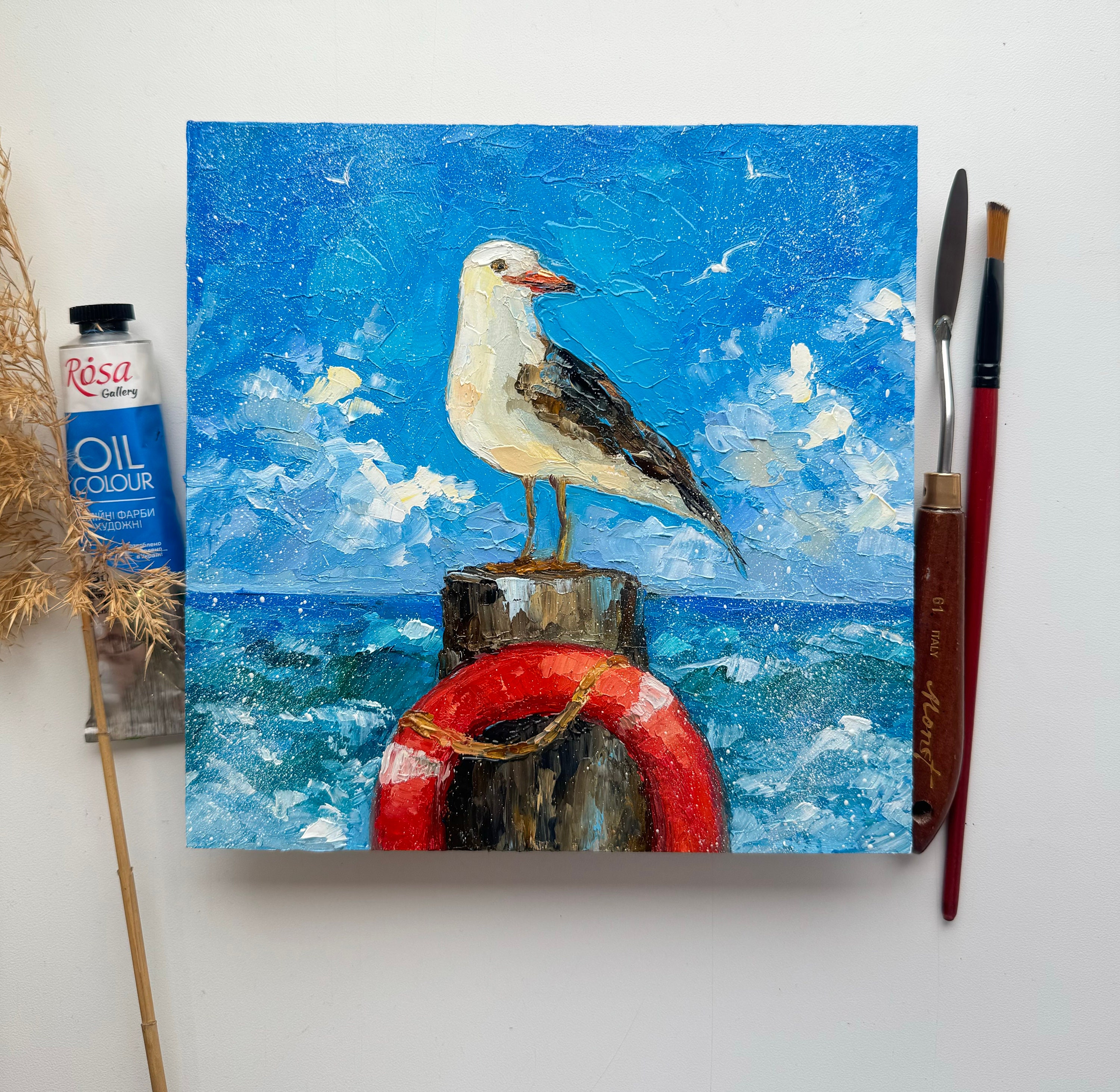 画家 手描きの油絵 タイトル「カモメ」 画家 手描きの油絵 タイトル