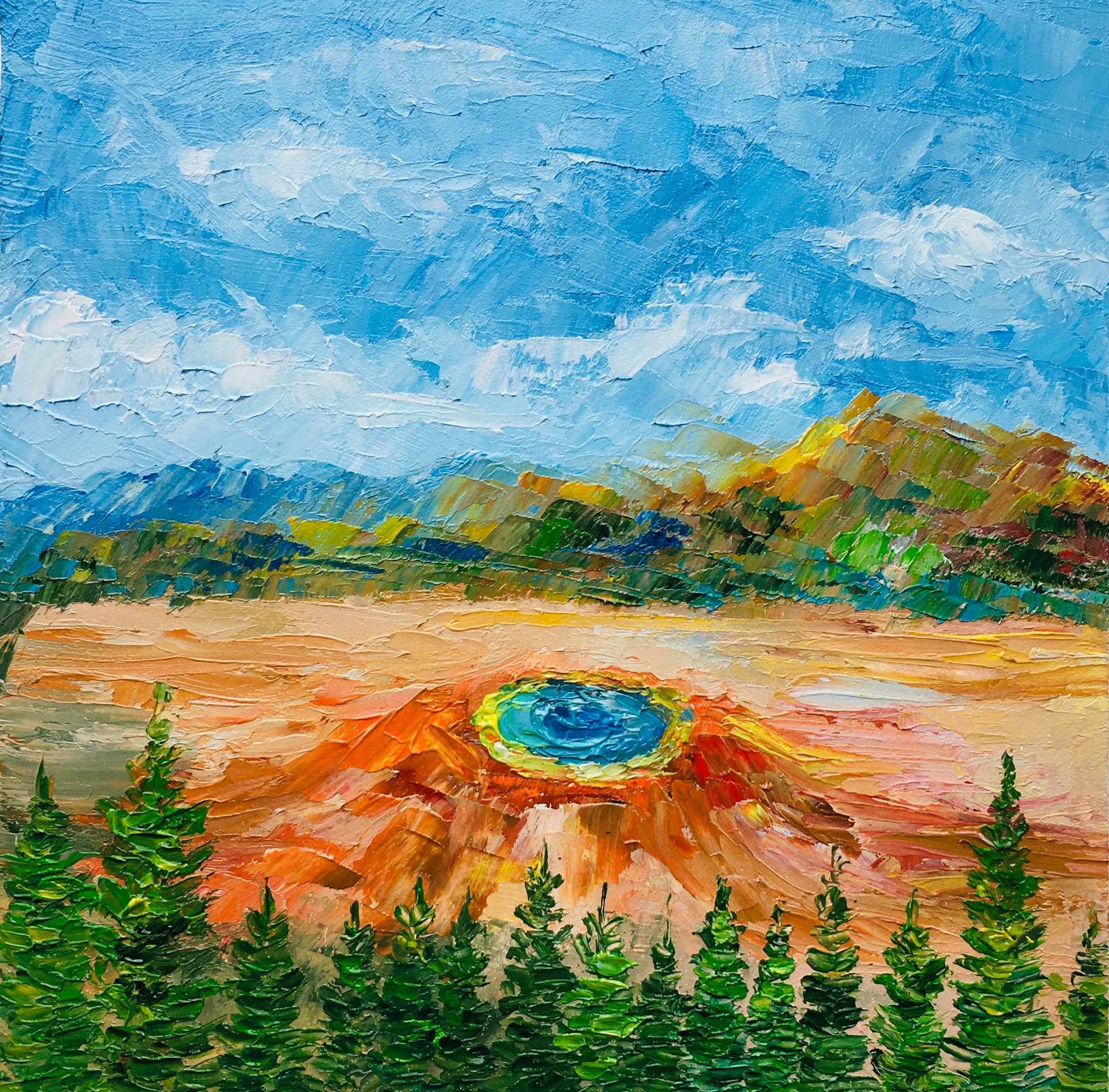 イエローストーン間欠泉の絵画：モンタナの風景を描いたインパスト油彩