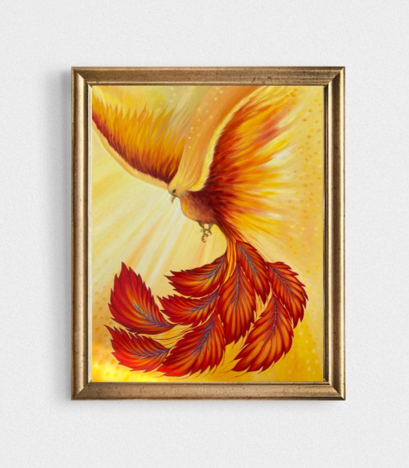 オリジナルフェニックス油絵：火の鳥インパストアート（35.5x23.5
