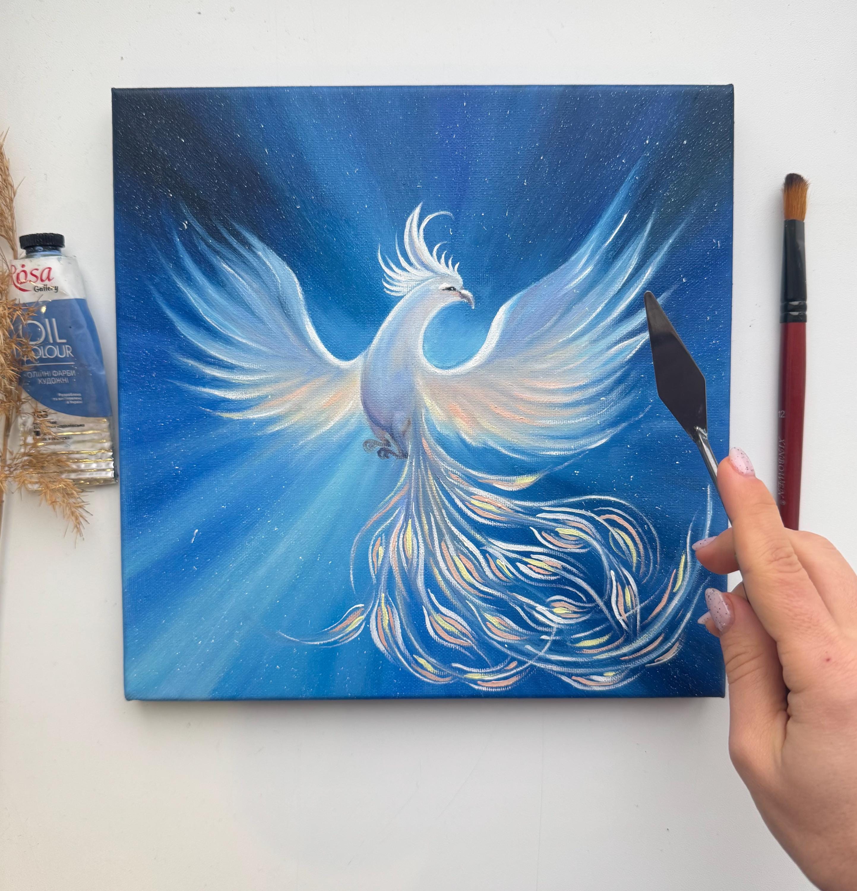 Phoenix Rising Oil Painting: Impasto Fairytale Art, 10x10 Canvas