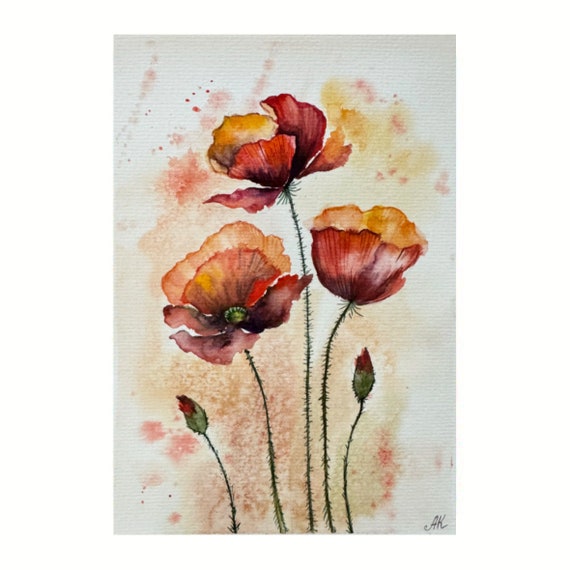 カリフォルニアポピーの絵画：オリジナルの花の水彩画（6 x 8インチ