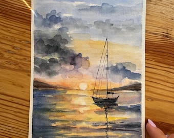 オリジナル水彩画「帆船」：カリフォルニアの海景アート 6x8 - Etsy 日本