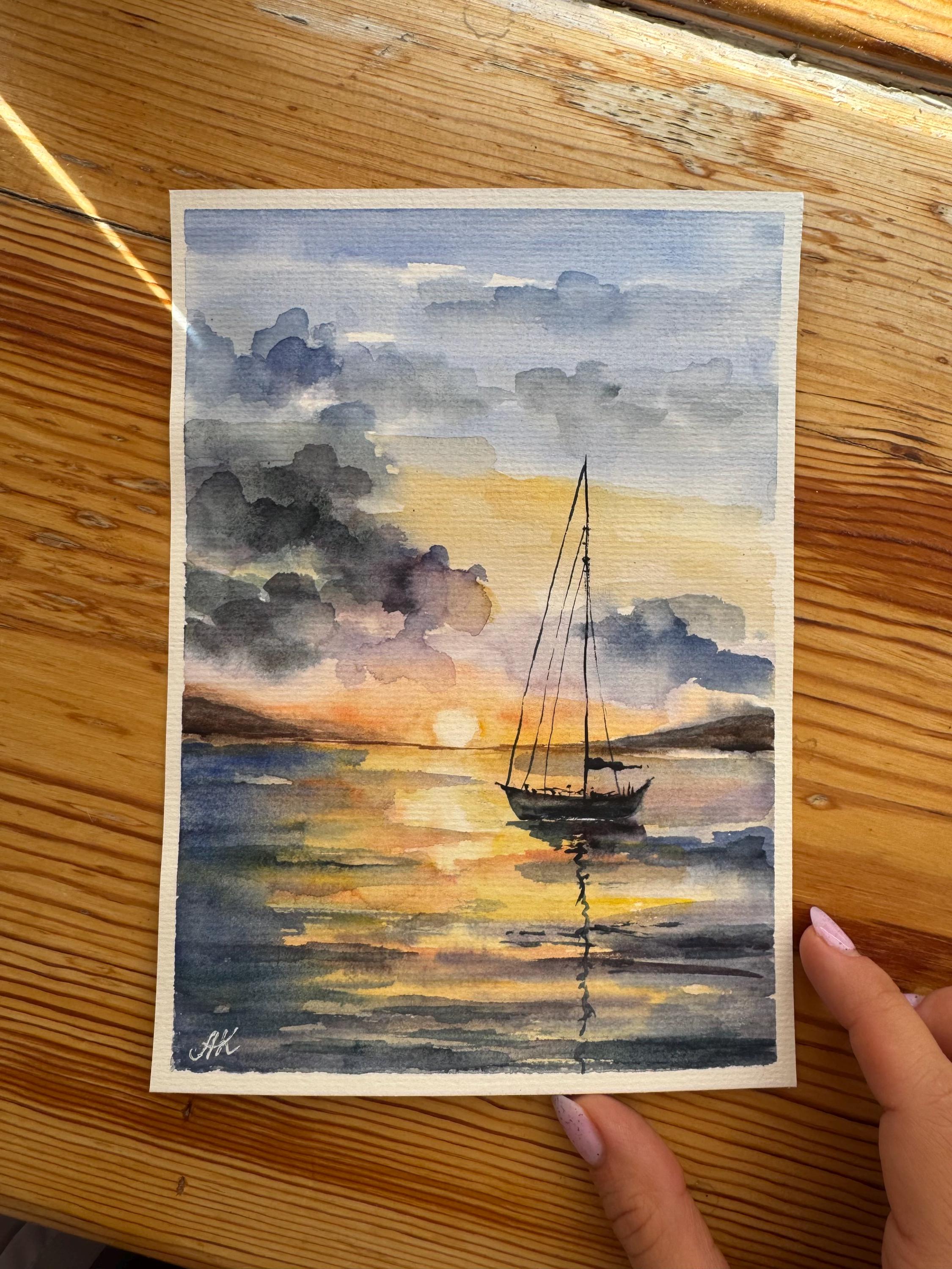 オリジナル水彩画「帆船」：カリフォルニアの海景アート 6x8 - Etsy 日本