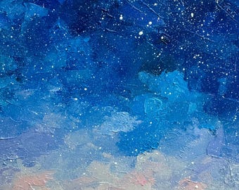オリジナル冬の風景油絵：星空のコテージアート（12x8インチ） - Etsy 日本