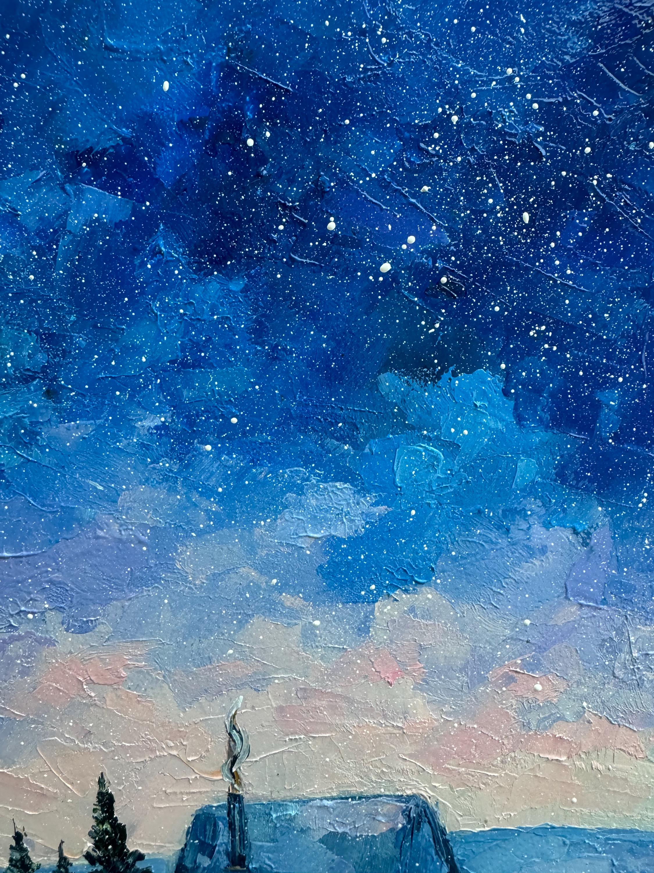 オリジナル冬の風景油絵：星空のコテージアート（12x8インチ） - Etsy 日本