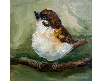 オリジナル油絵スズメ作品 4 x 4インチ、小鳥アート、額装済み自然