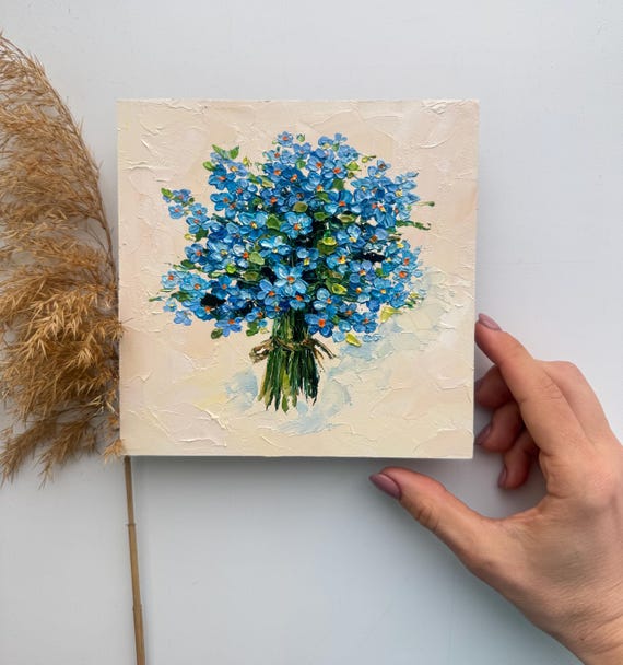 ワスレナグサの絵画 花柄 オリジナル油絵 抽象画 青い花 壁
