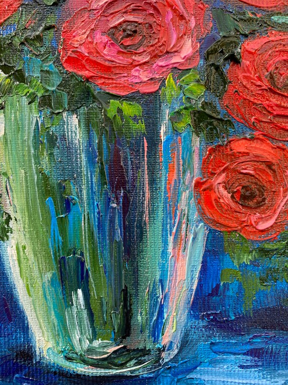 Red Rose Impasto Painting: Floral Oil Painting on Canvas (10x10