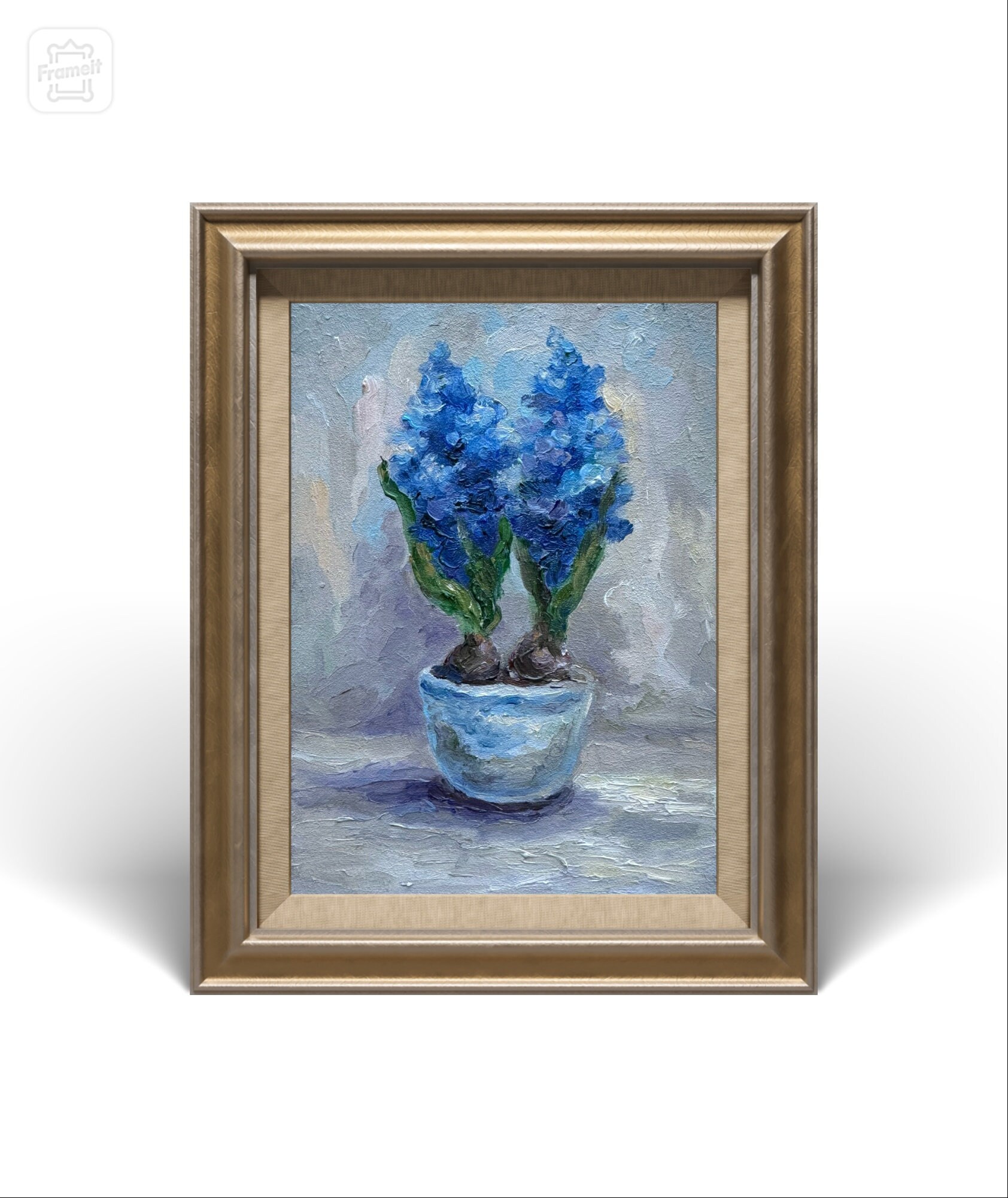 momorin水彩画 窓際のヒヤシンス　値段は※900円です ブルーヒヤシンスのインパスト画：花の静物画、7x5インチのオリジナル